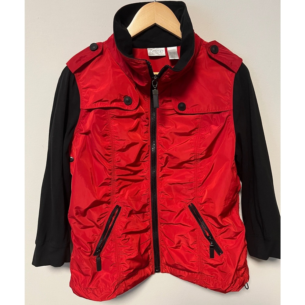 Zenergy by Chico's Mixed Media Jacket Women Size 1 Red Pre-owned Ruched Full Zip